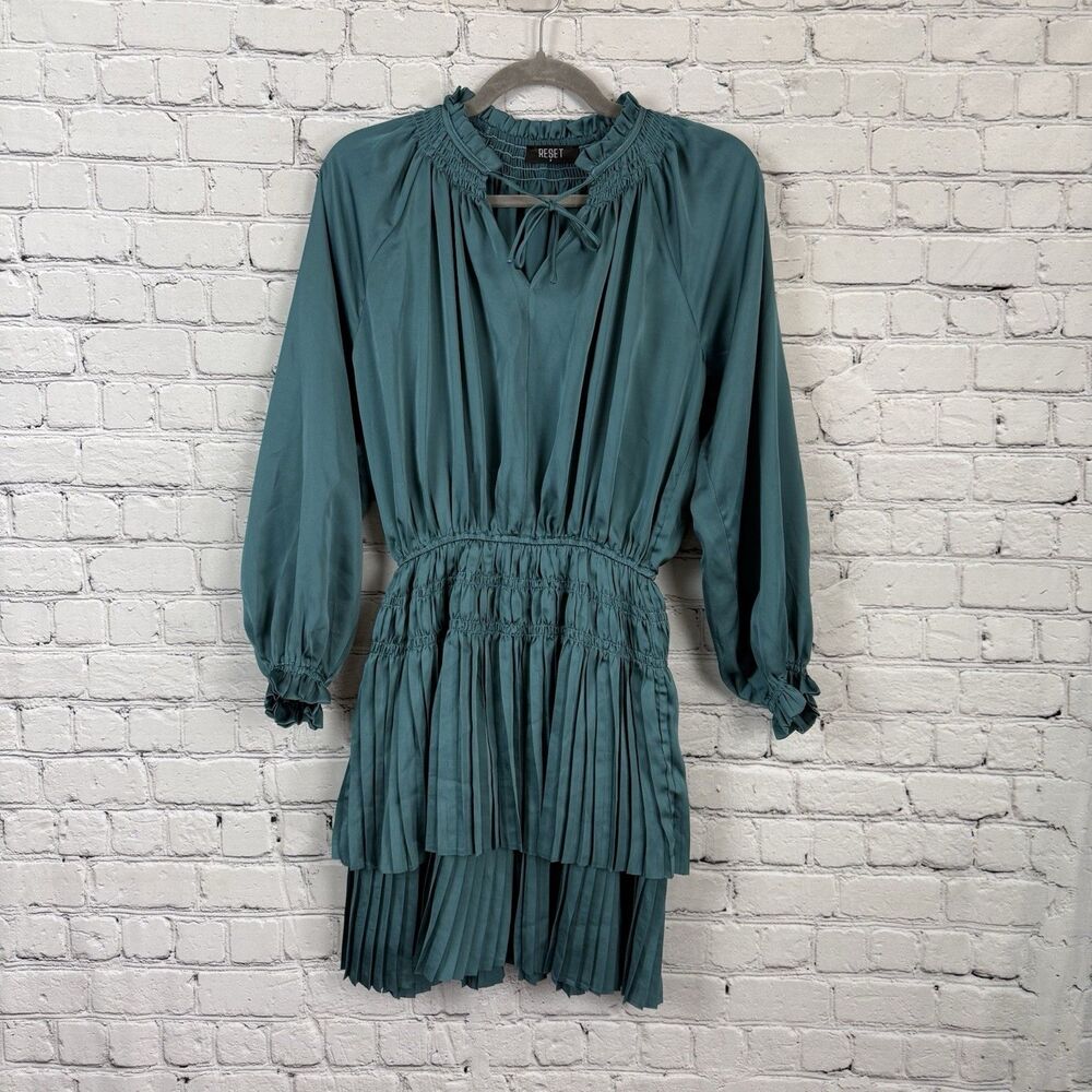Reset By Jane Women Lana Dress in Teal Blue Size S Long Sleeves Pleated Feminine - Picture 3 of 13